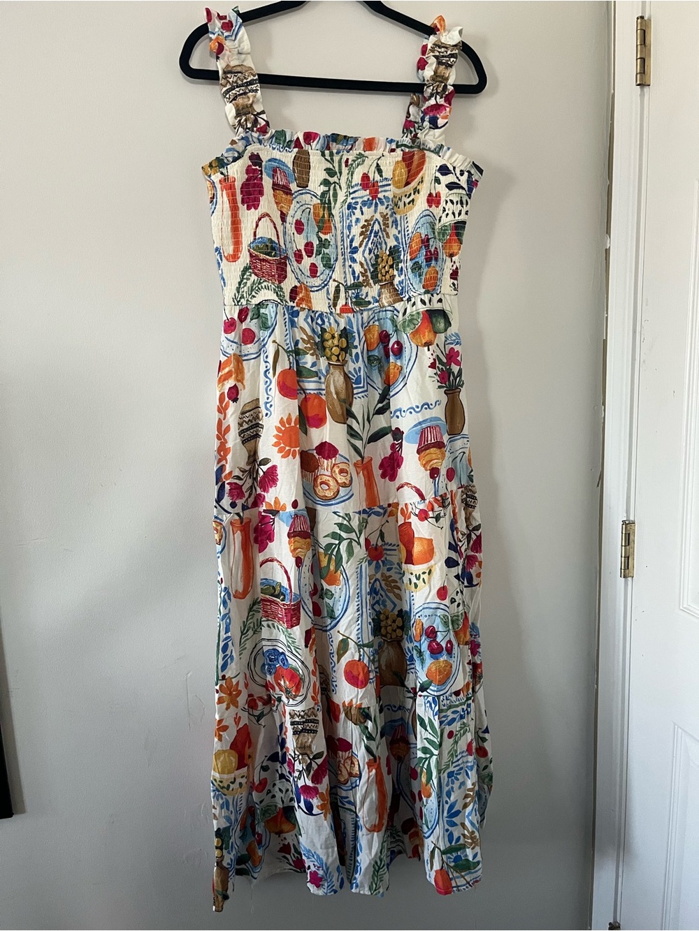 White Red Fruit Novelty Print Smocked Tiered Midi Dress Large Mediterranean